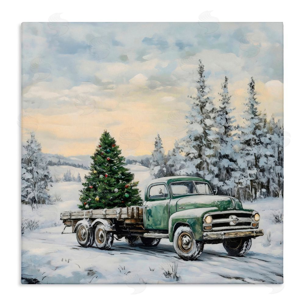 Petal Prints Design Green Christmas Tree Truck Stretched Canvas Wall Art Print