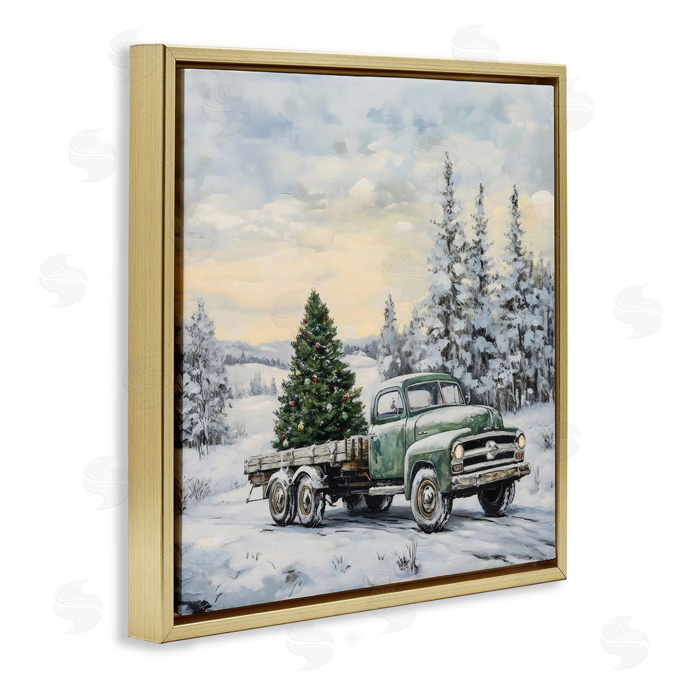 Petal Prints Design Green Christmas Tree Truck Gold Floating Frame Canvas Wall Art Print