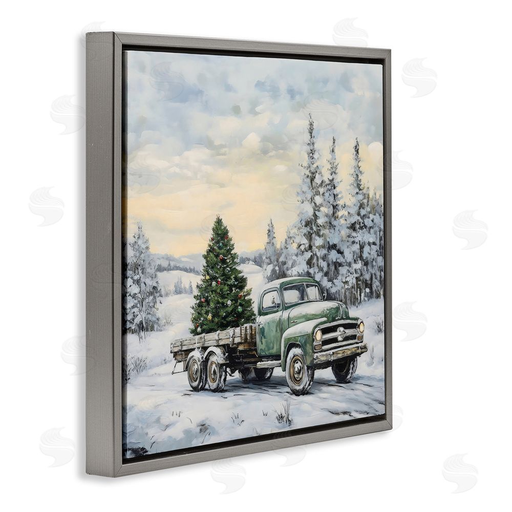 Petal Prints Design Green Christmas Tree Truck Gray Floating Frame Canvas Wall Art Print