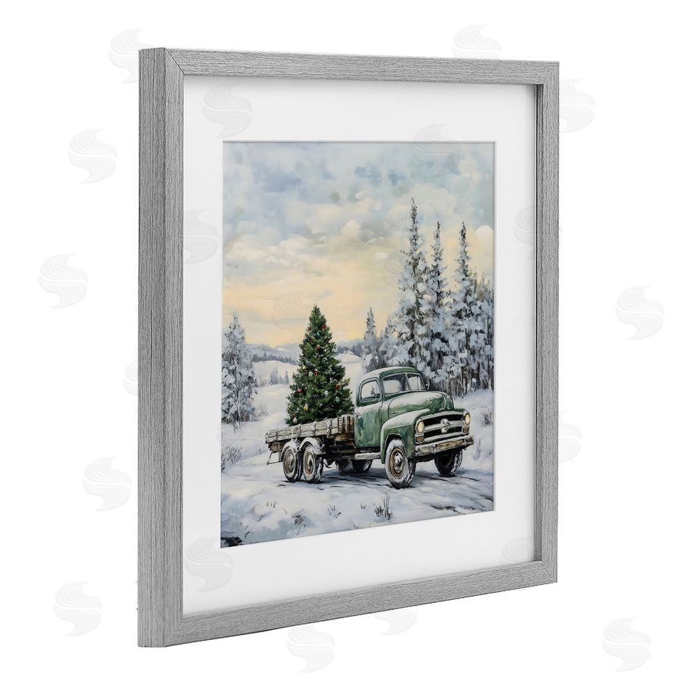 Petal Prints Design Green Christmas Tree Truck Gray Framed Print Under Glass Wall Art