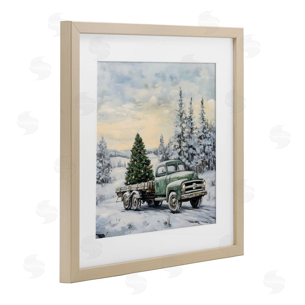 Petal Prints Design Green Christmas Tree Truck Brown Framed Print Under Glass Wall Art