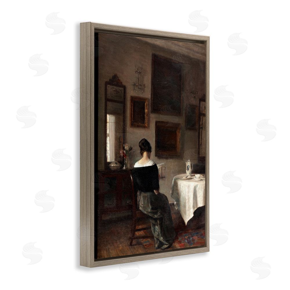 Vintage Hustle Afternoon's Daughter at Tea Time Brown Floating Frame Canvas Wall Art Print