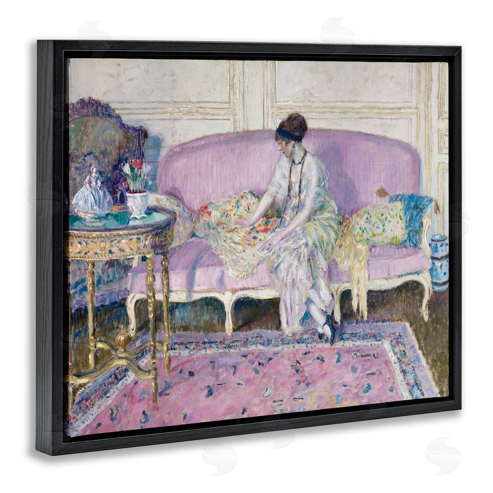 Wild Apple Portfolio Woman Seated on Sofa Black Floating Frame Canvas Wall Art Print