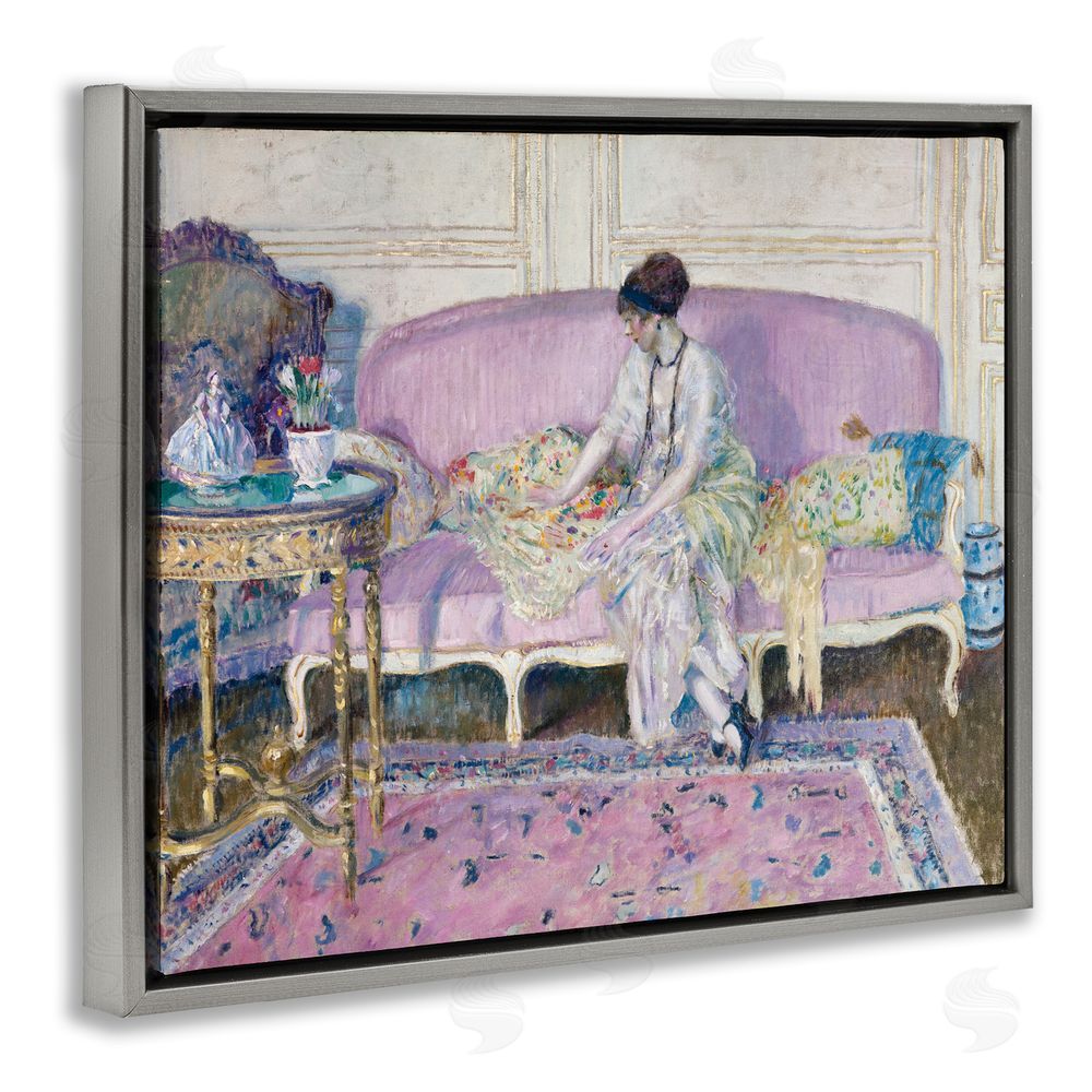Wild Apple Portfolio Woman Seated on Sofa Gray Floating Frame Canvas Wall Art Print