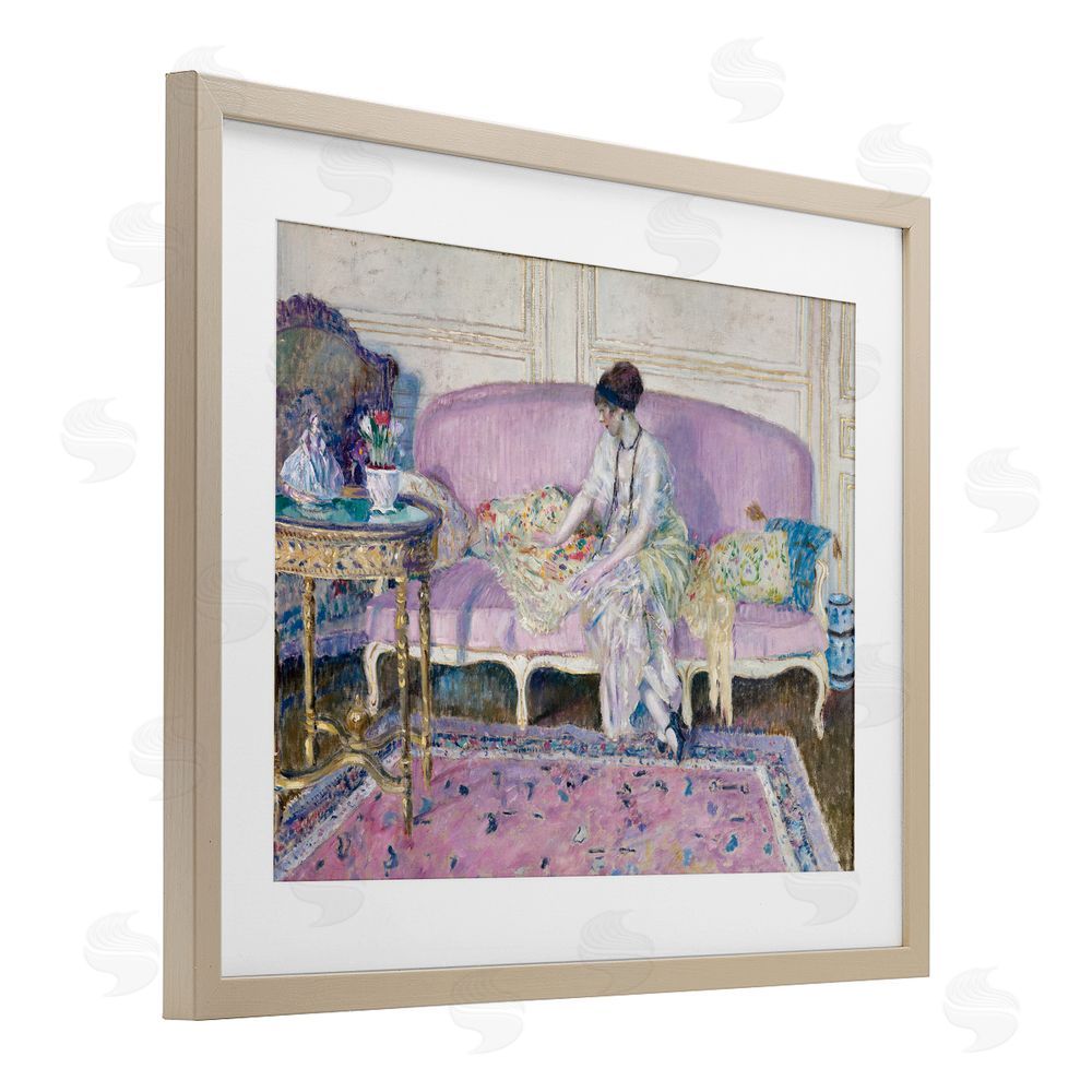 Wild Apple Portfolio Woman Seated on Sofa Brown Framed Print Under Glass Wall Art