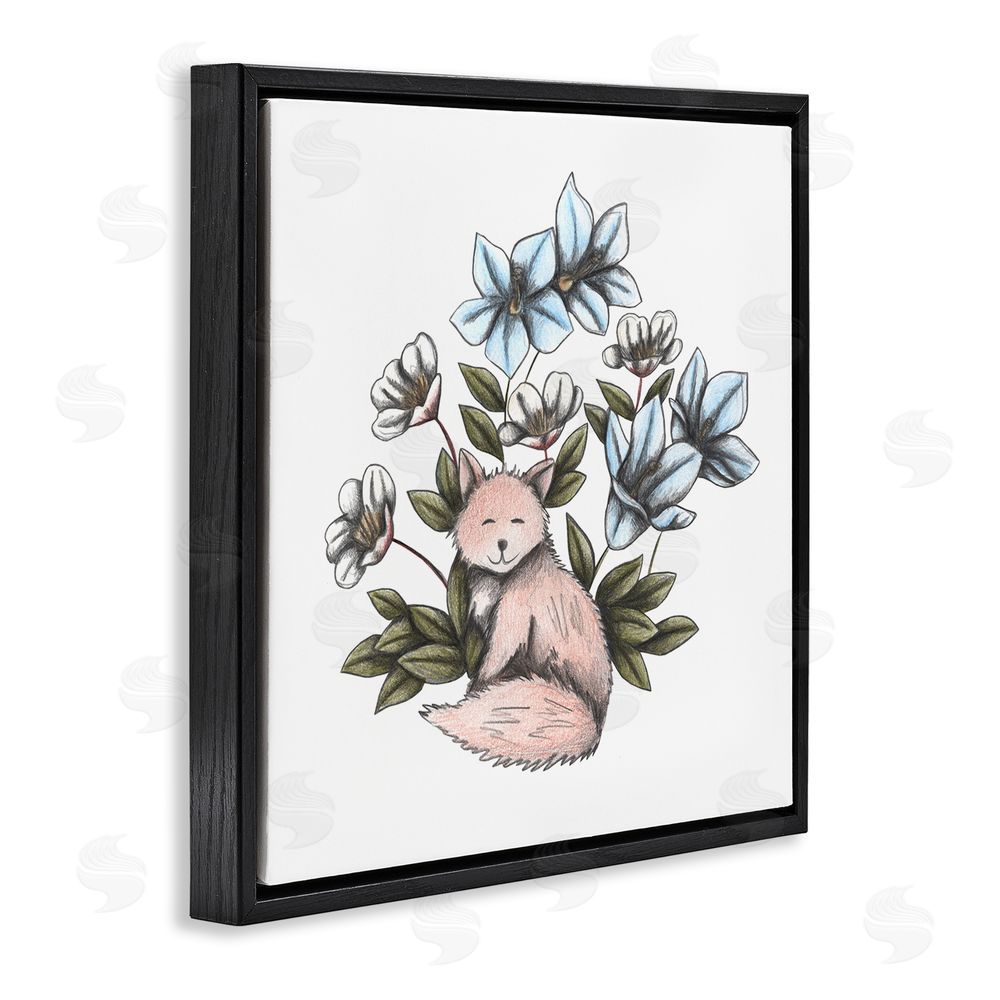 Cecilia Battaini Gentle Fox with Flowers Black Floating Frame Canvas Wall Art Print