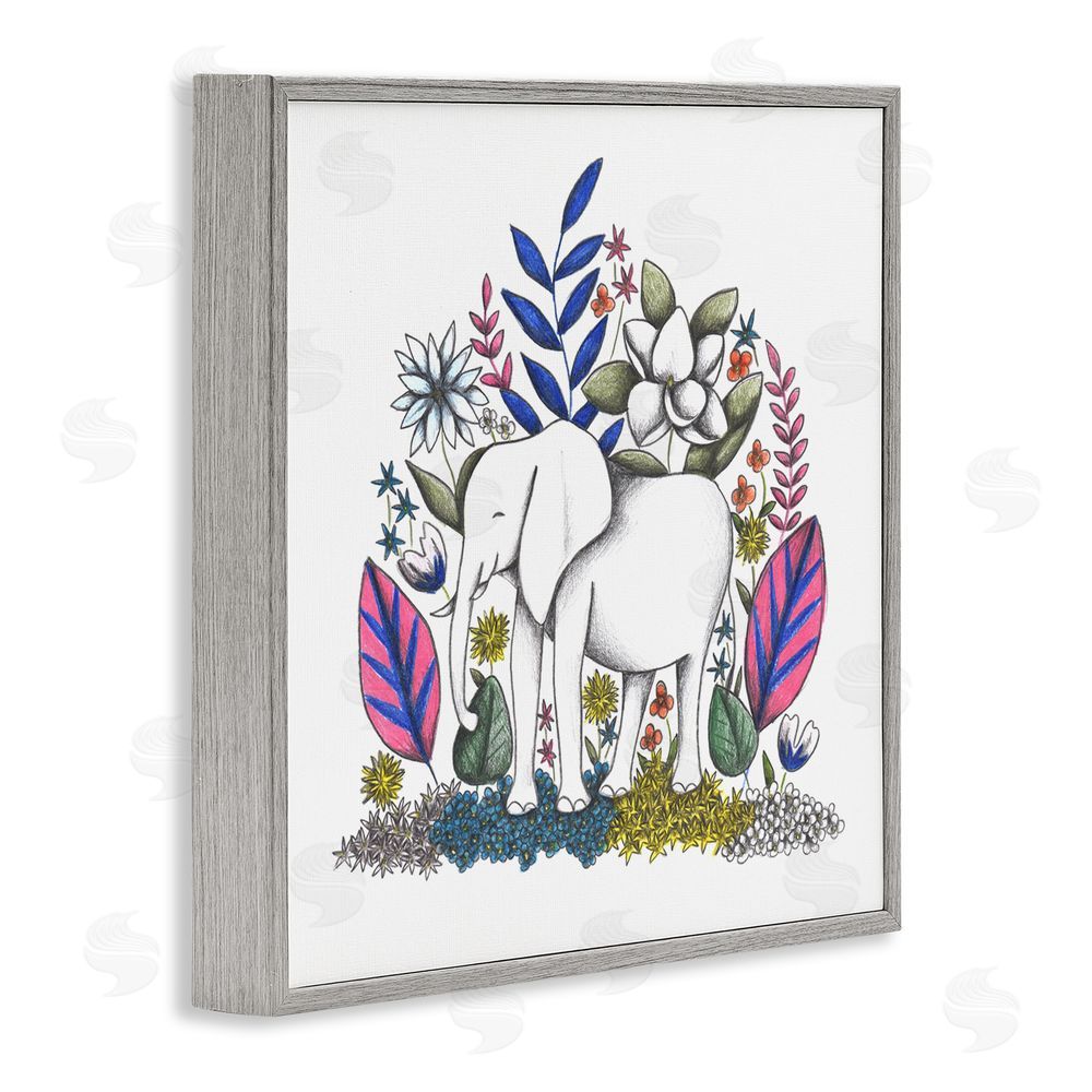 Cecilia Battaini Elephant in Midst of Flowers Gray Framed Giclee Print Wall Art