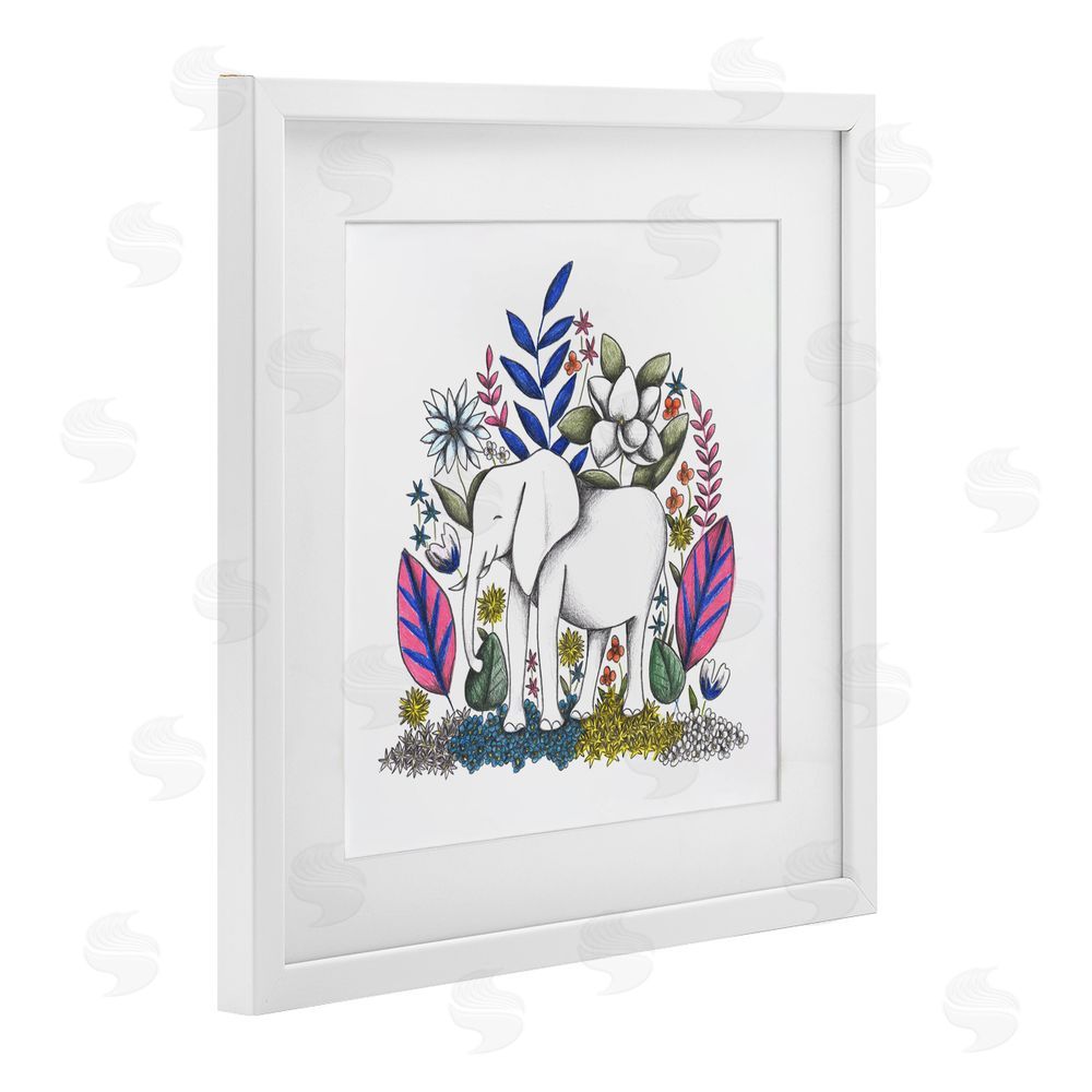 Cecilia Battaini Elephant in Midst of Flowers White Framed Print Under Glass Wall Art