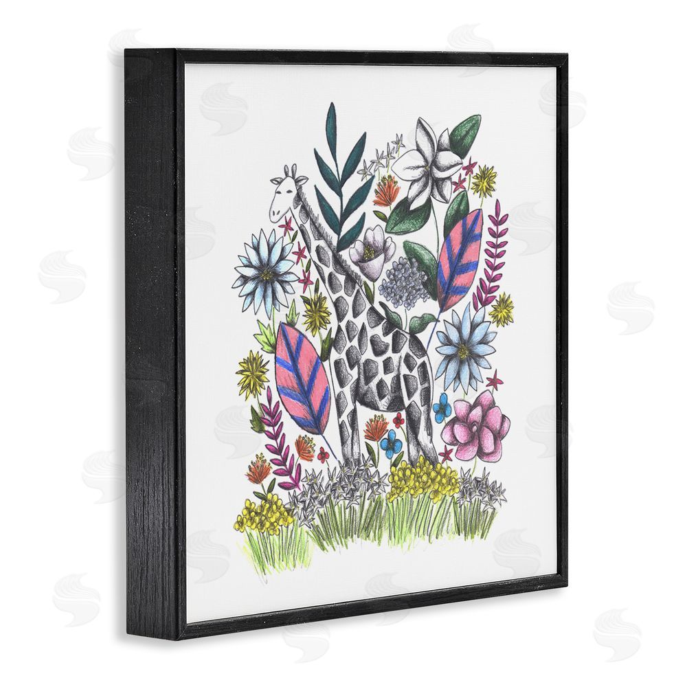 Cecilia Battaini Giraffe in Midst of Flowers Black Framed Giclee Print Wall Art