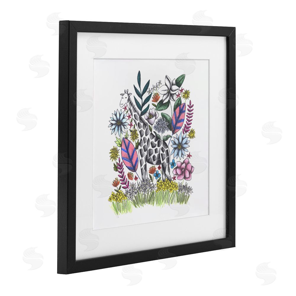 Cecilia Battaini Giraffe in Midst of Flowers Black Framed Print Under Glass Wall Art
