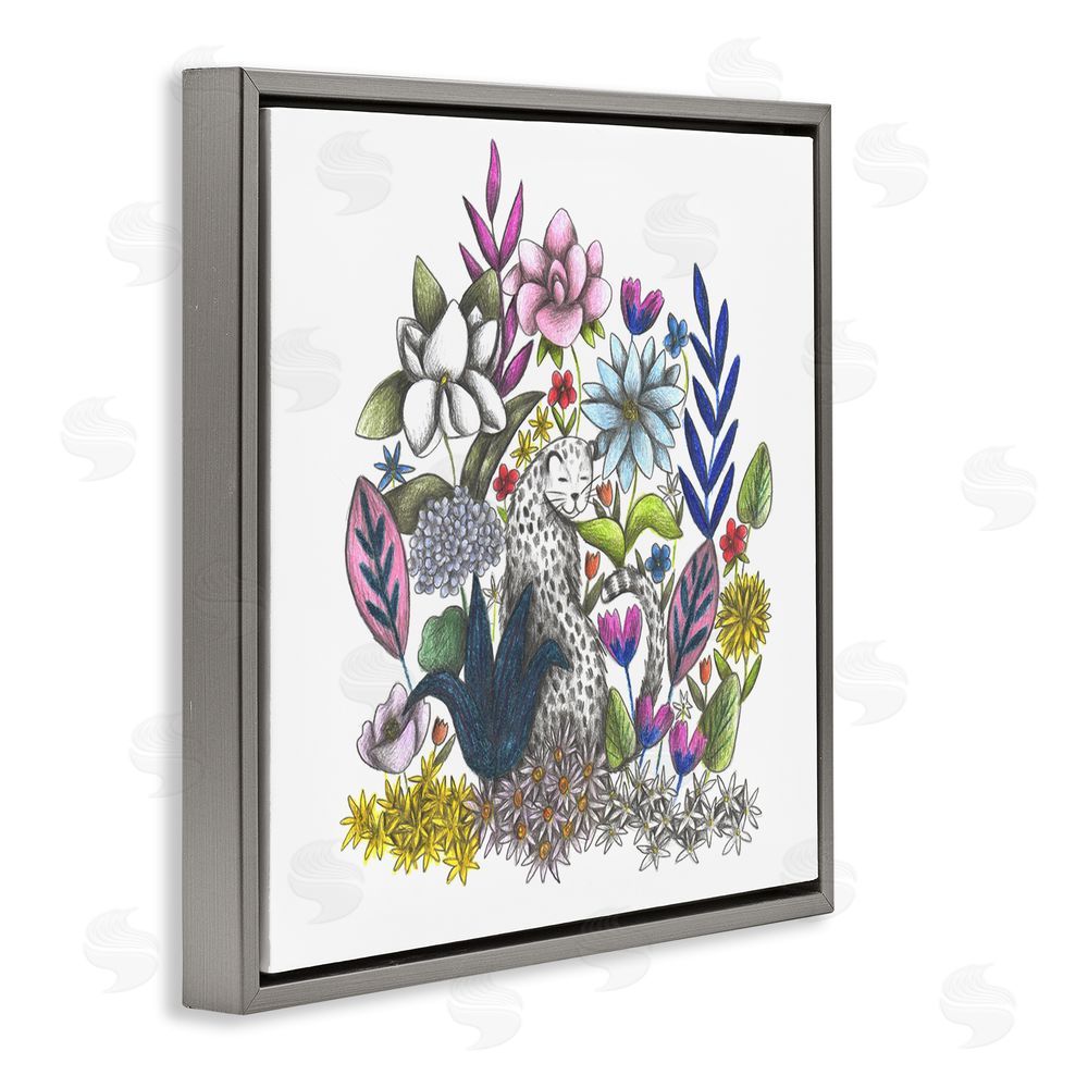 Cecilia Battaini Leopard in Midst of Flowers Gray Floating Frame Canvas Wall Art Print