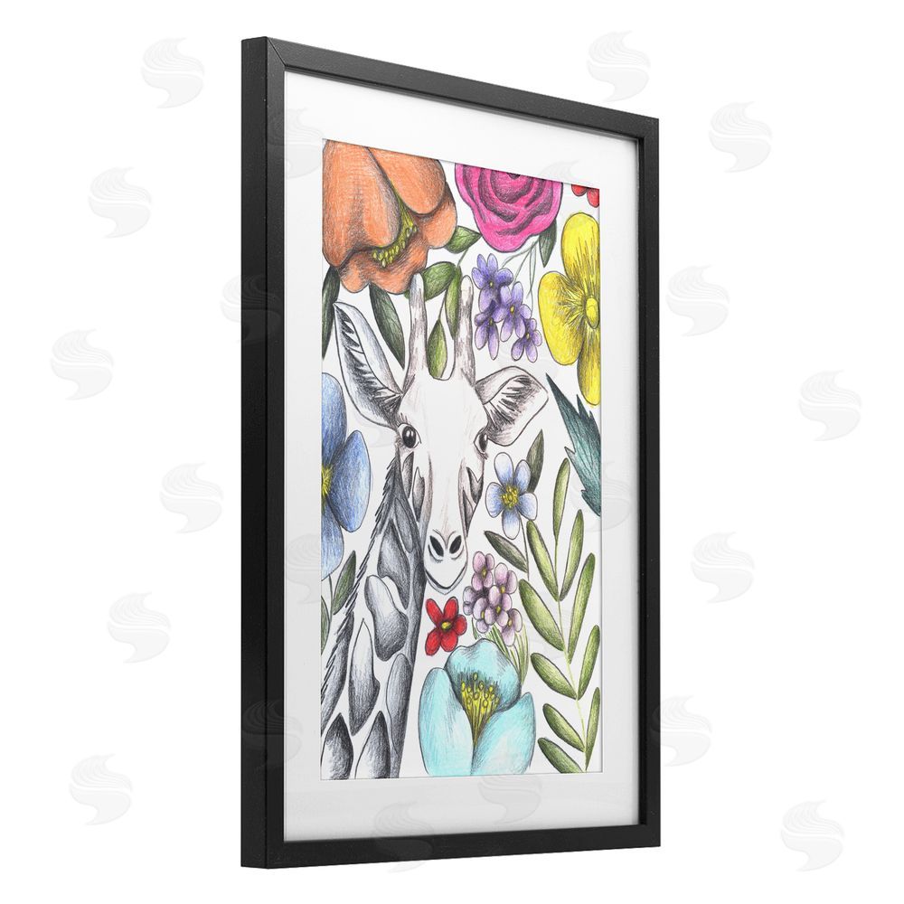 Cecilia Battaini Giraffe In The Midst of Flowers Black Framed Print Under Glass Wall Art