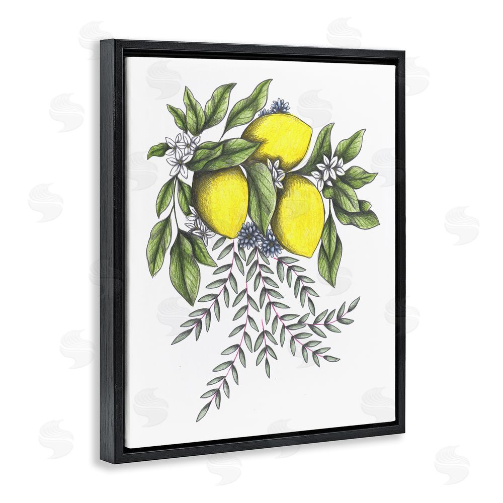 Cecilia Battaini Lemons & Flowers Vintage Sketch Black Floating Frame Canvas Wall Art Print