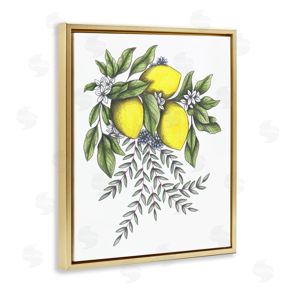 Cecilia Battaini Lemons & Flowers Vintage Sketch Gold Floating Frame Canvas Wall Art Print