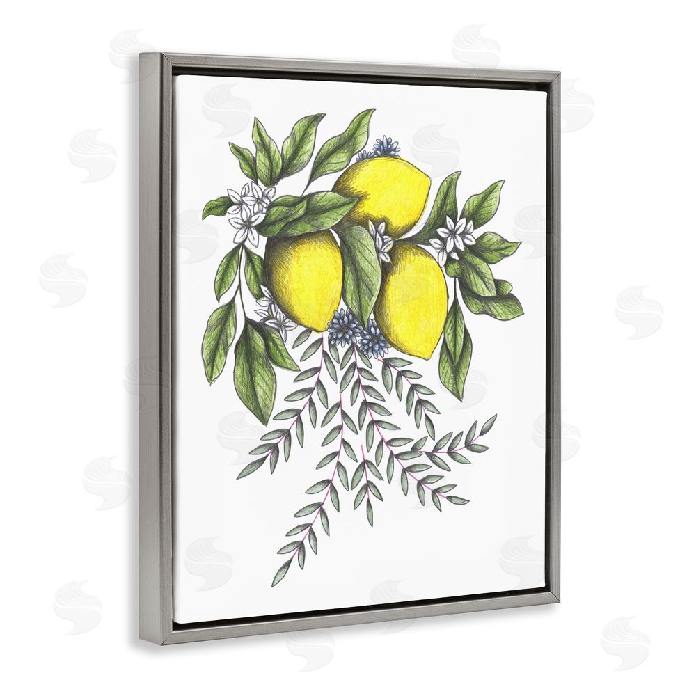 Cecilia Battaini Lemons & Flowers Vintage Sketch Gray Floating Frame Canvas Wall Art Print
