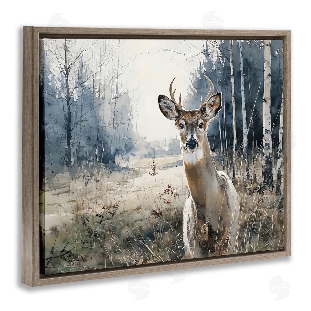 Franklyn Gregory Deer in Winter Wilderness Brown Floating Frame Canvas Wall Art Print