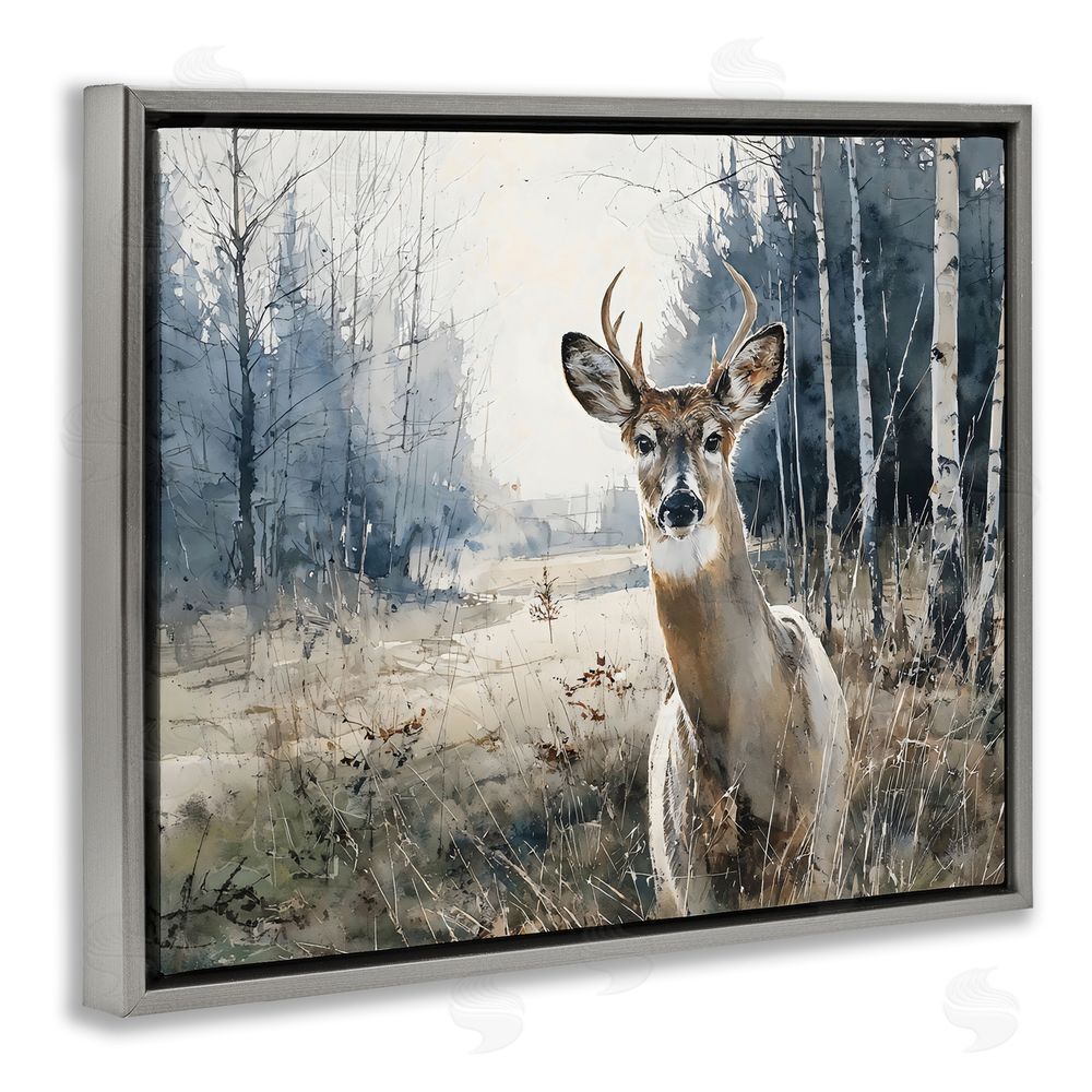 Franklyn Gregory Deer in Winter Wilderness Gray Floating Frame Canvas Wall Art Print