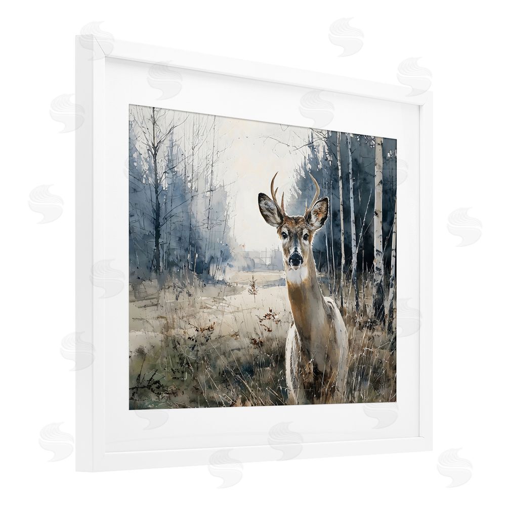 Franklyn Gregory Deer in Winter Wilderness White Framed Print Under Glass Wall Art