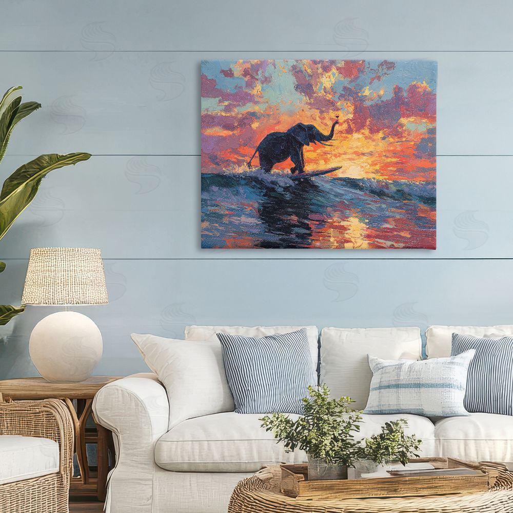 Ziwei Li Sunset Surf Elephant Stretched Canvas Wall Art Print in Room