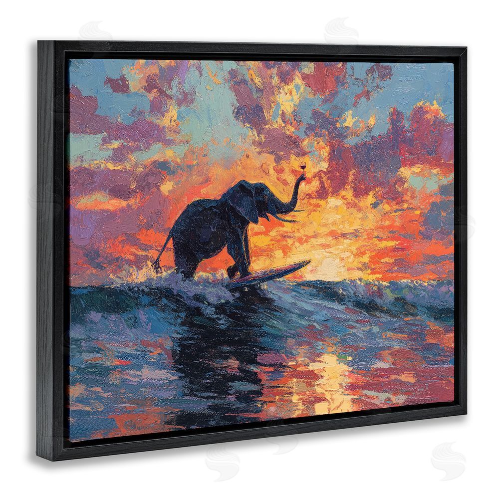 Ziwei Li Sunset Surf Elephant Black Floating Frame Canvas Wall Art Print