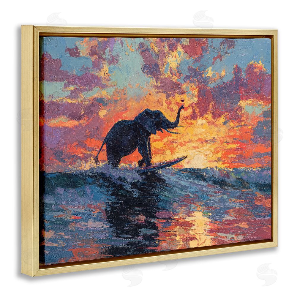 Ziwei Li Sunset Surf Elephant Gold Floating Frame Canvas Wall Art Print