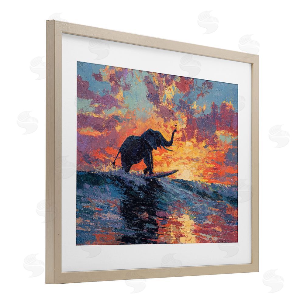 Ziwei Li Sunset Surf Elephant Brown Framed Print Under Glass Wall Art