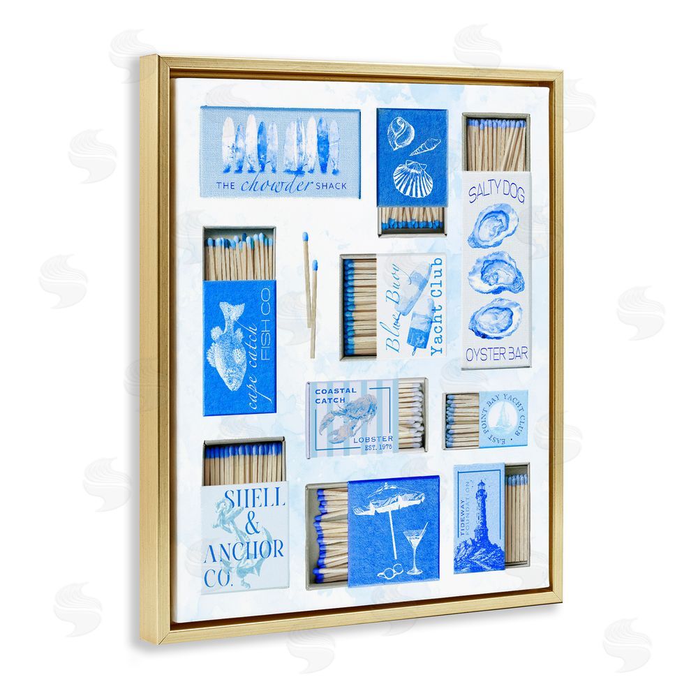 Ziwei Li Blue Coastal Matchboxes Gold Floating Frame Canvas Wall Art Print