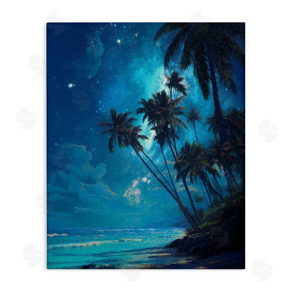 Ziwei Li Moonlit Beach Palm Trees Stretched Canvas Wall Art Print