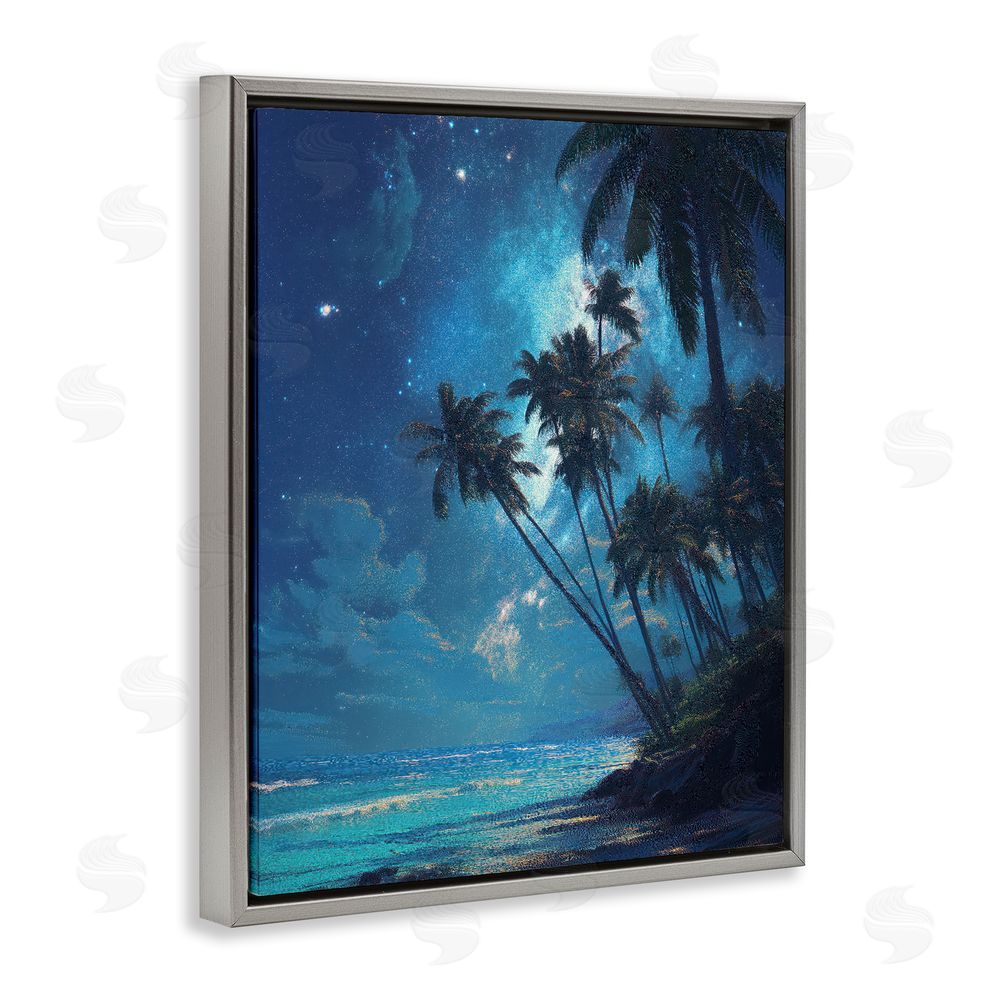 Ziwei Li Moonlit Beach Palm Trees Gray Floating Frame Canvas Wall Art Print