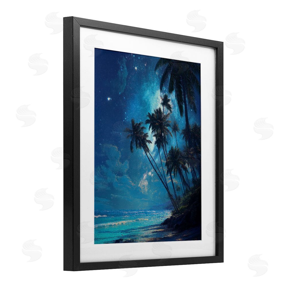 Ziwei Li Moonlit Beach Palm Trees Black Framed Print Under Glass Wall Art