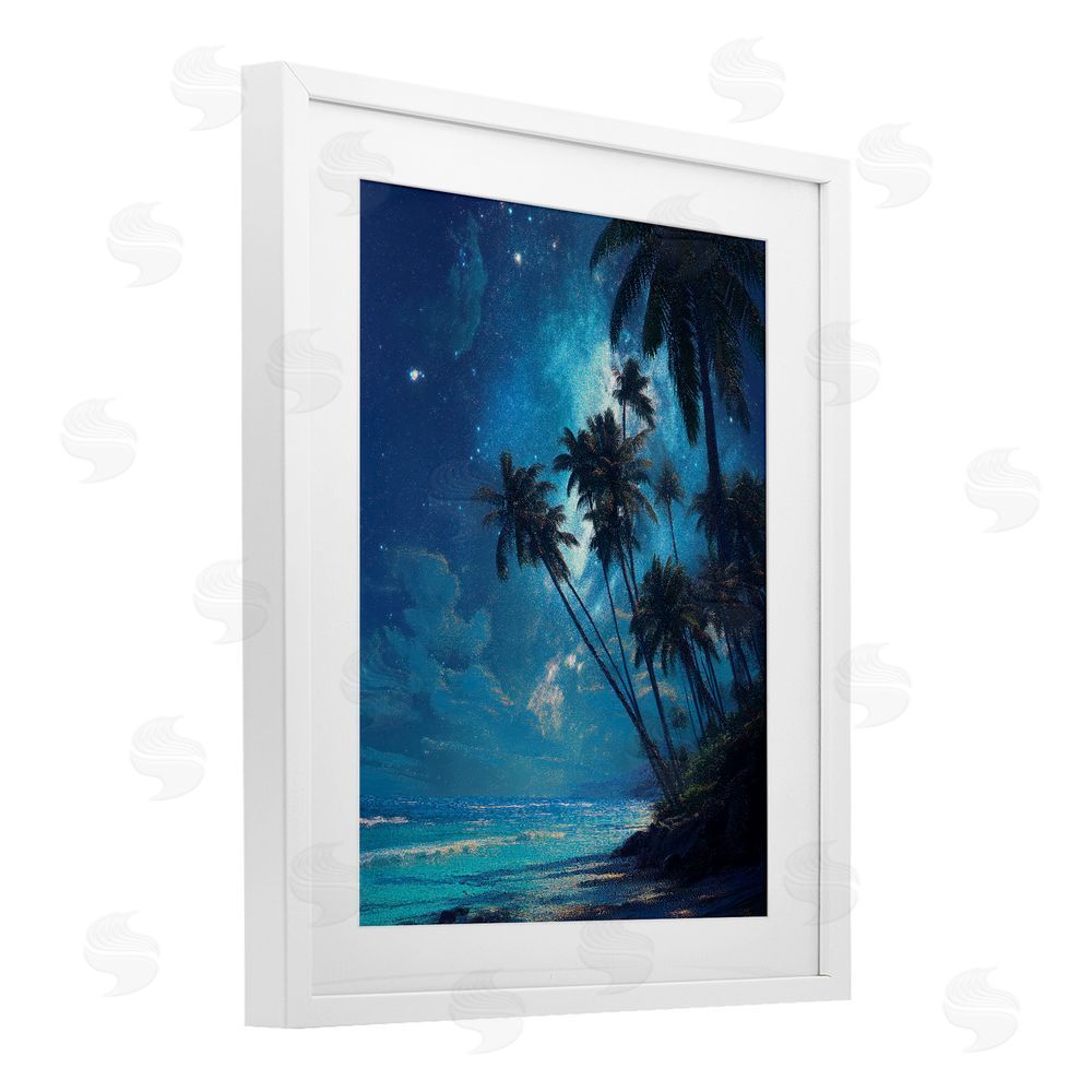 Ziwei Li Moonlit Beach Palm Trees White Framed Print Under Glass Wall Art