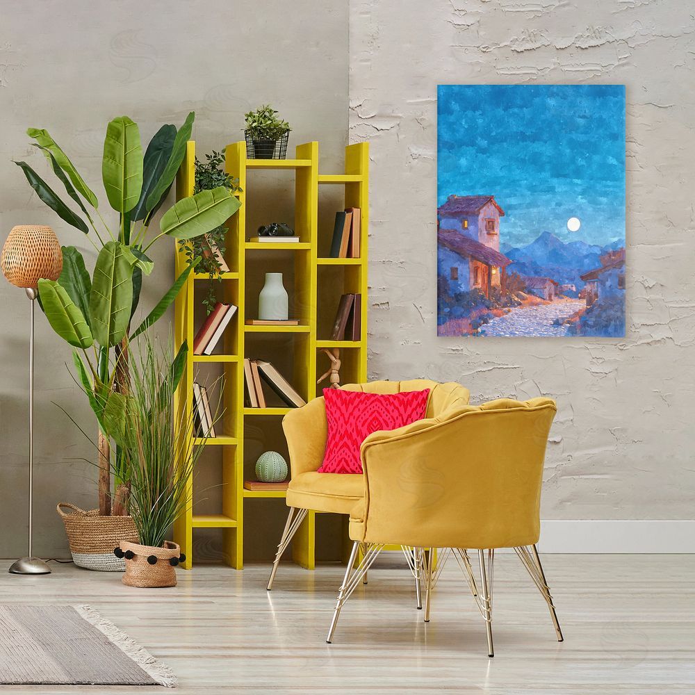 Ziwei Li Moon over Quiet Town Stretched Canvas Wall Art Print in Room