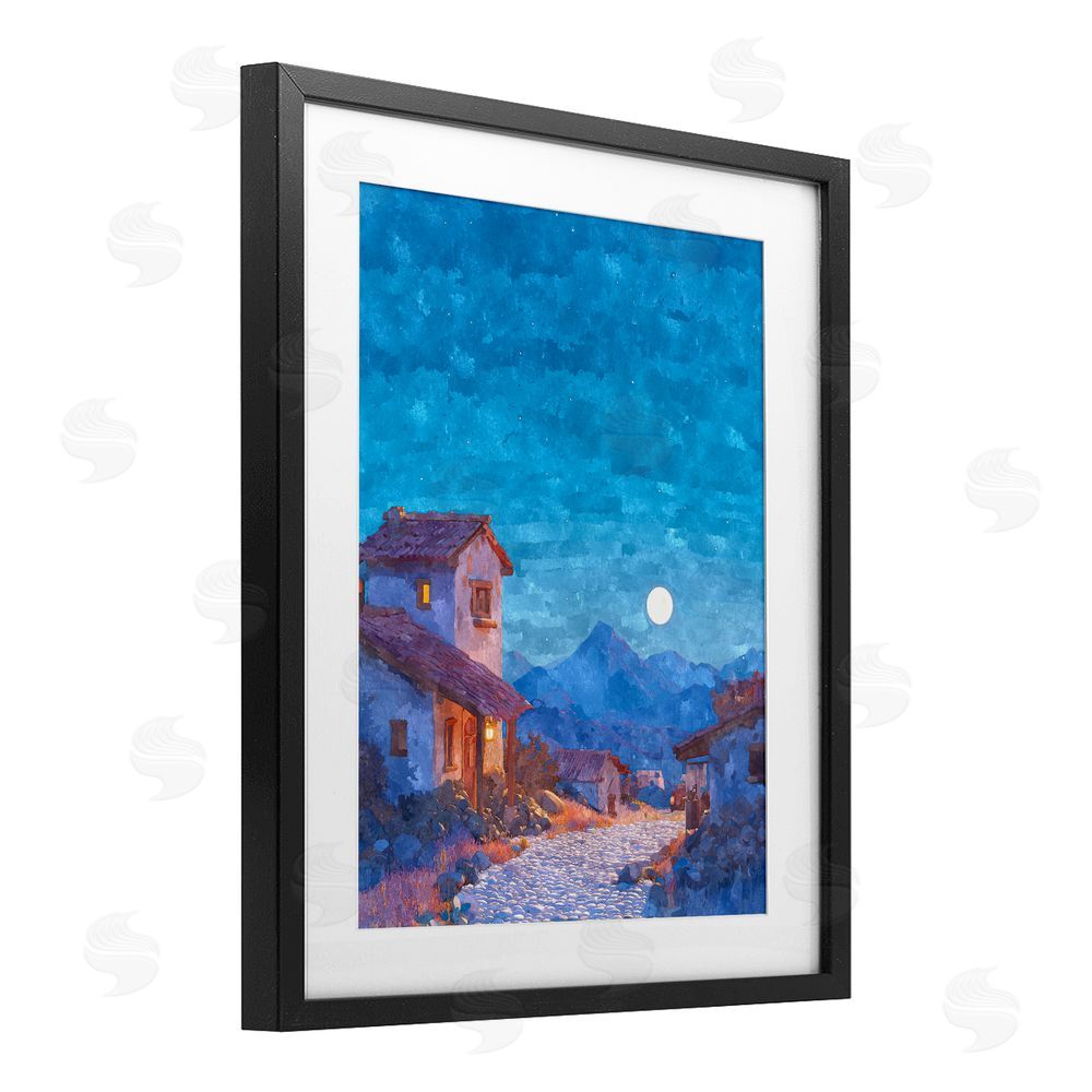 Ziwei Li Moon over Quiet Town Black Framed Print Under Glass Wall Art