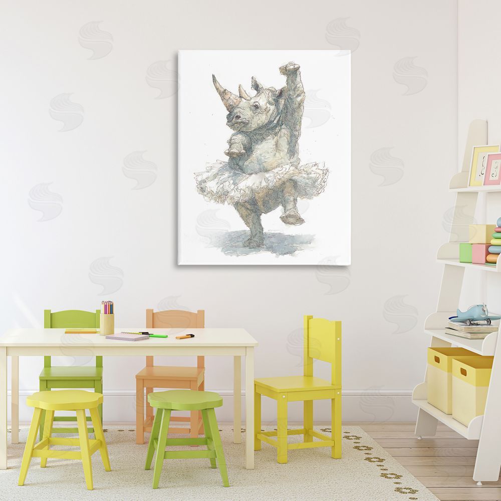 Ziwei Li Ballet Rhino Tutu Stretched Canvas Wall Art Print in Room