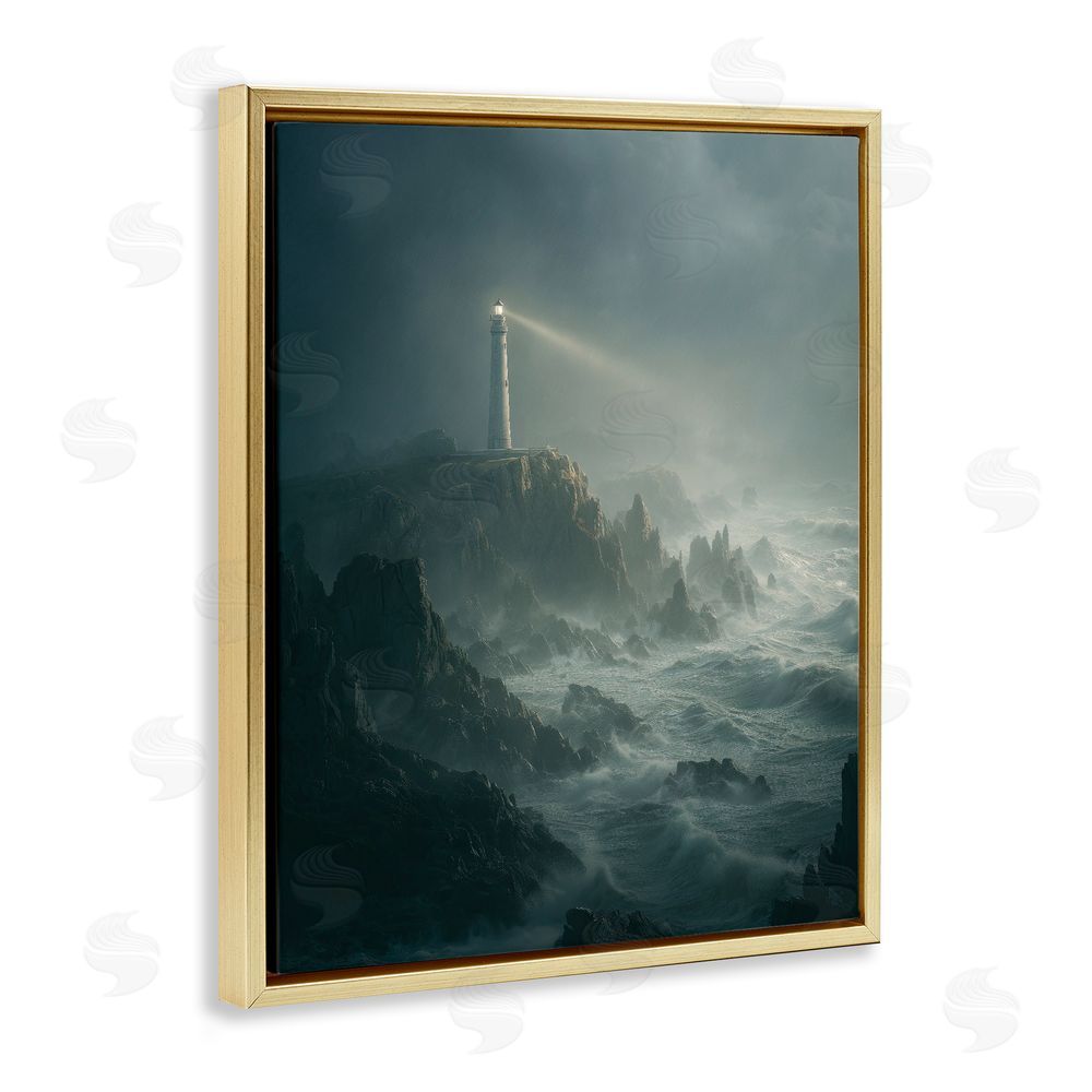 Ziwei Li Lighthouse and Stormy Cliff Gold Floating Frame Canvas Wall Art Print