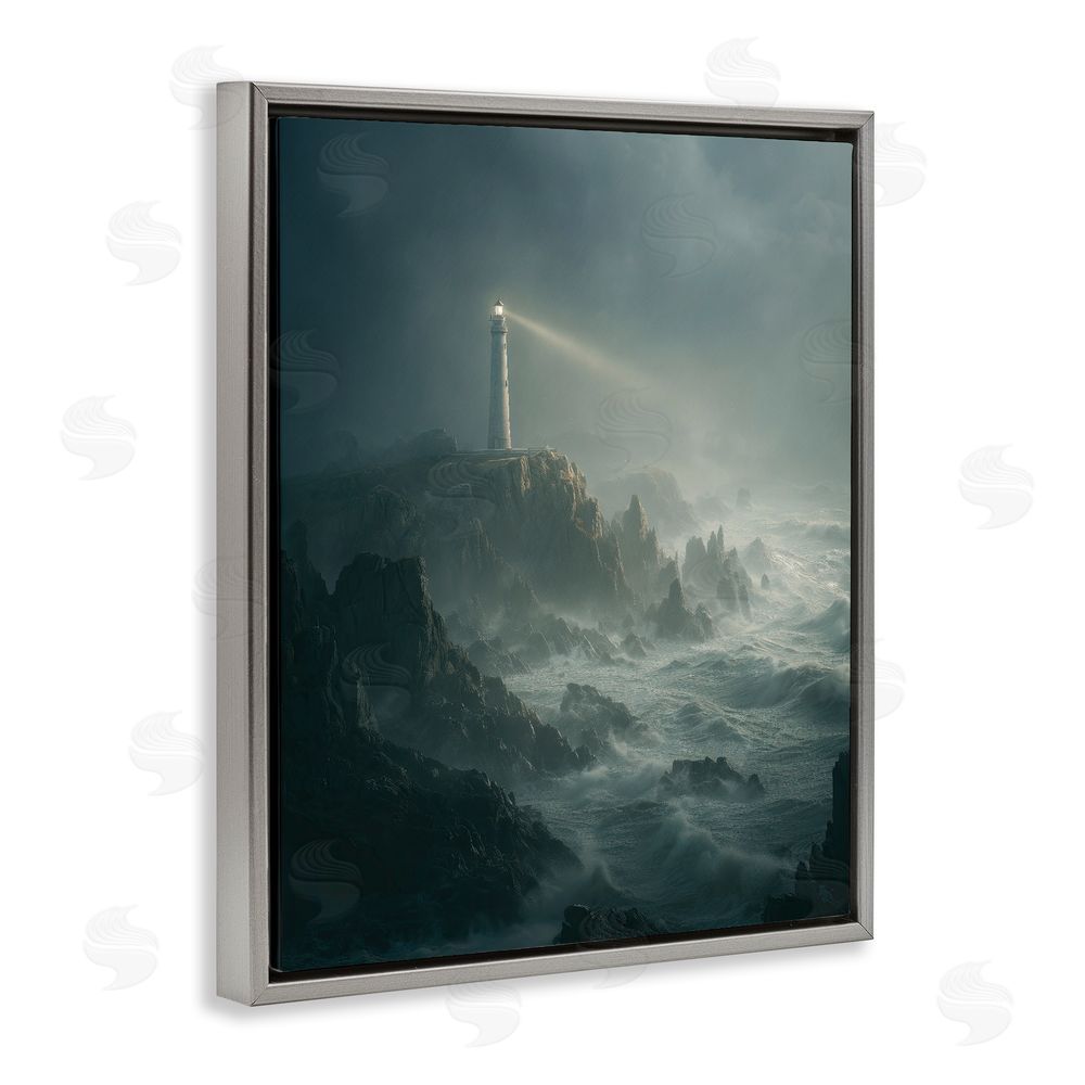 Ziwei Li Lighthouse and Stormy Cliff Gray Floating Frame Canvas Wall Art Print
