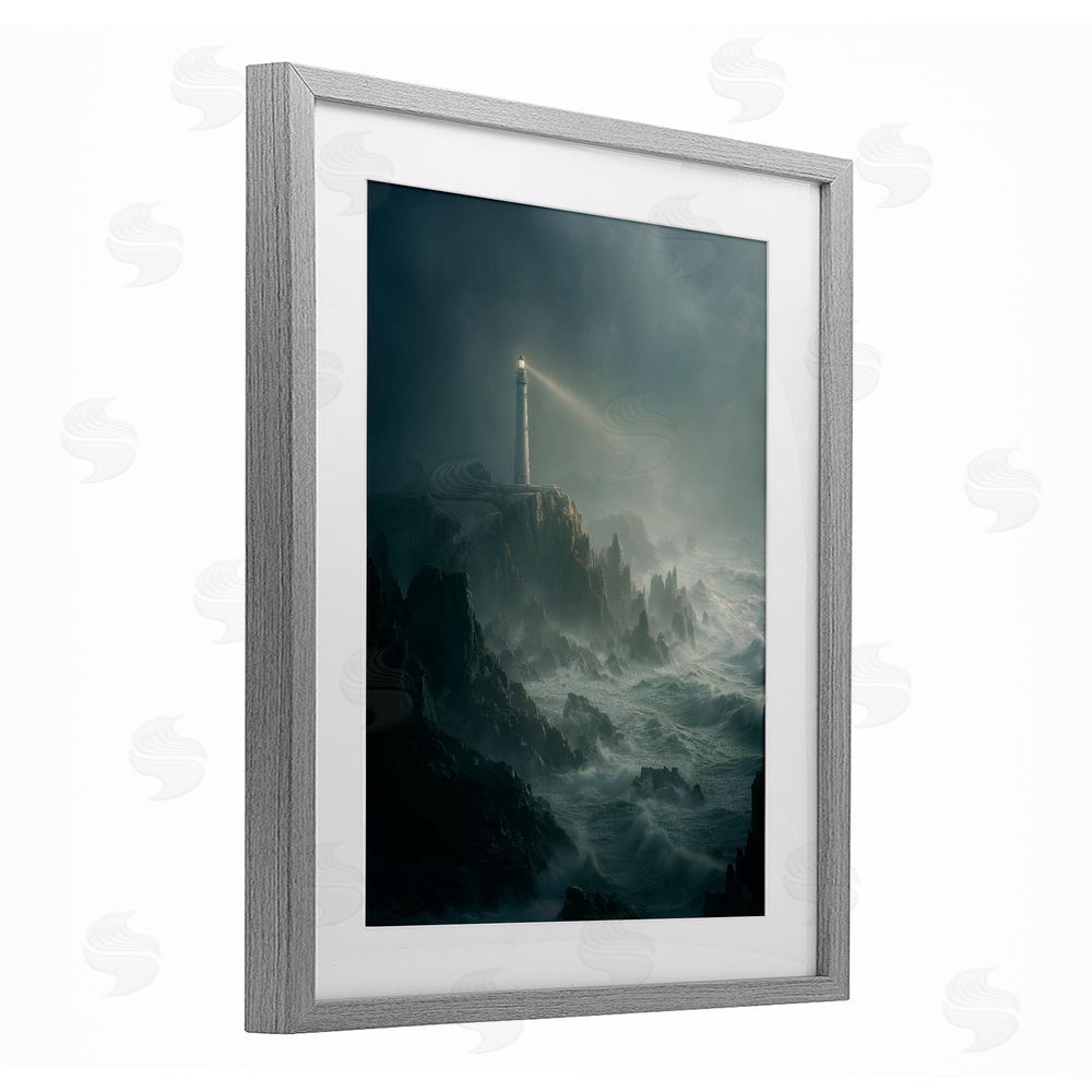 Ziwei Li Lighthouse and Stormy Cliff Gray Framed Print Under Glass Wall Art