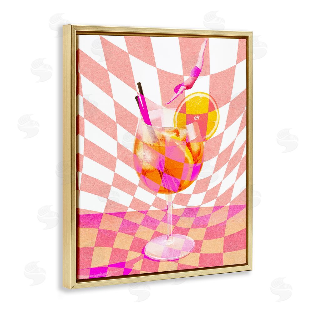 Stupell Studio Retro Checkered Summer Cocktail Gold Floating Frame Canvas Wall Art Print