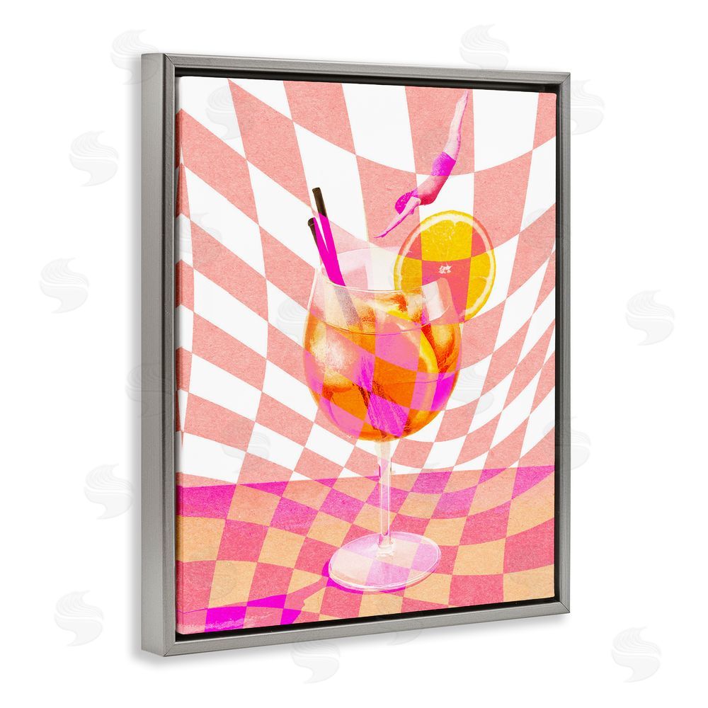 Stupell Studio Retro Checkered Summer Cocktail Gray Floating Frame Canvas Wall Art Print