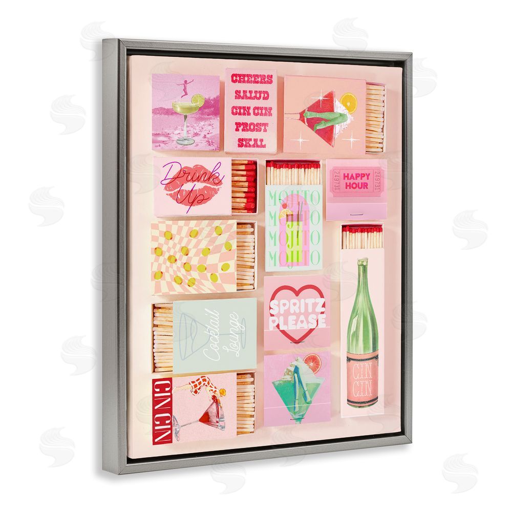 Stupell Studio Glam Cocktails Retro Matches Gray Floating Frame Canvas Wall Art Print