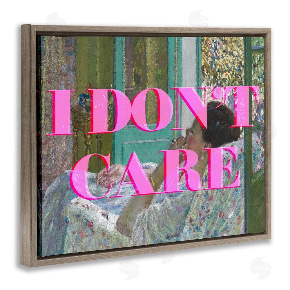 Stupell Studio I Don't Care over Classic Painting Brown Floating Frame Canvas Wall Art Print