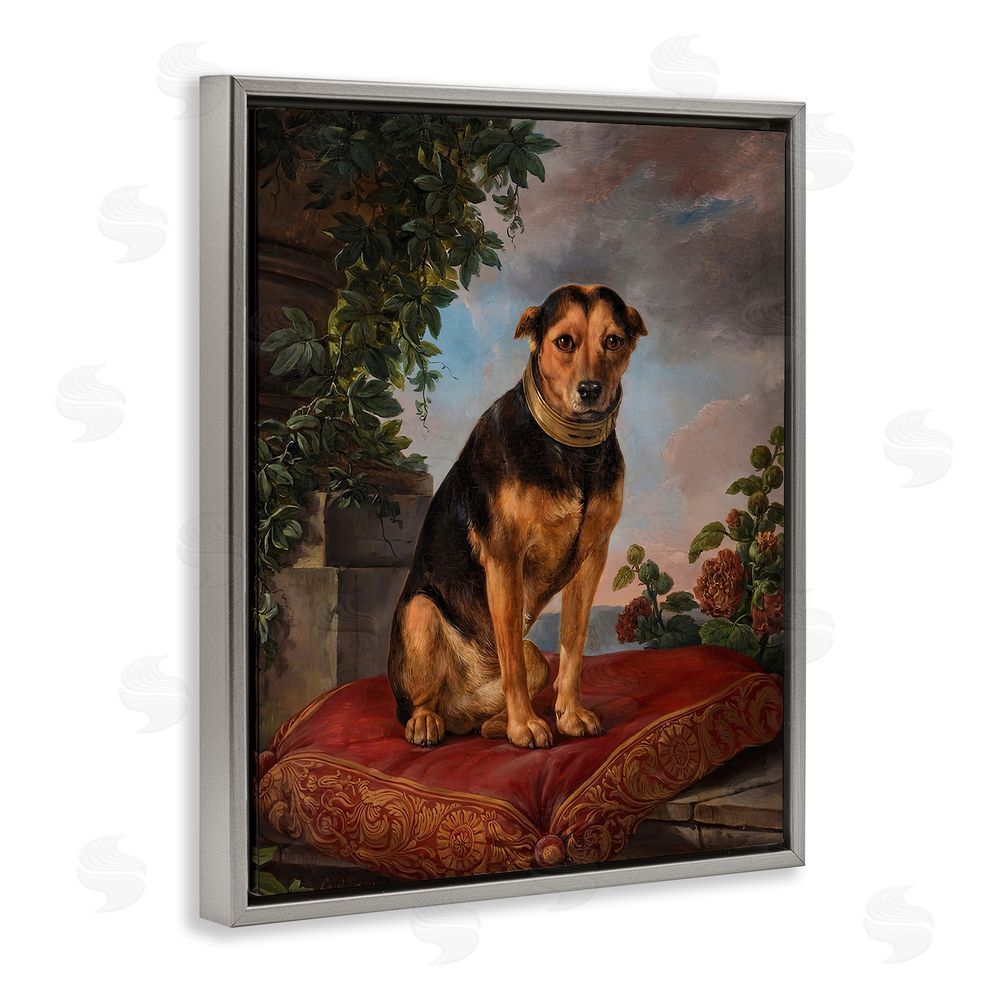 Lil' Rue Historical Dog on Cushion Gray Floating Frame Canvas Wall Art Print