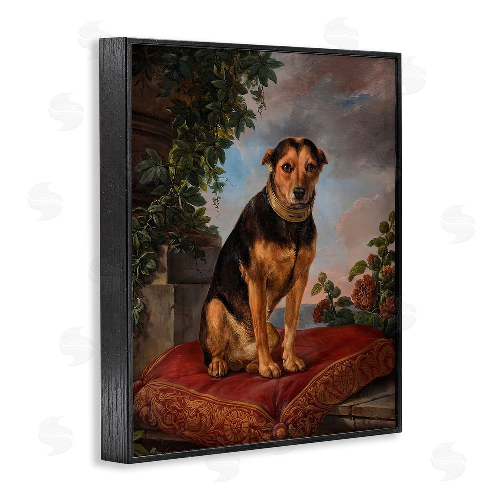 Lil' Rue Historical Dog on Cushion Black Framed Giclee Wall Art Print