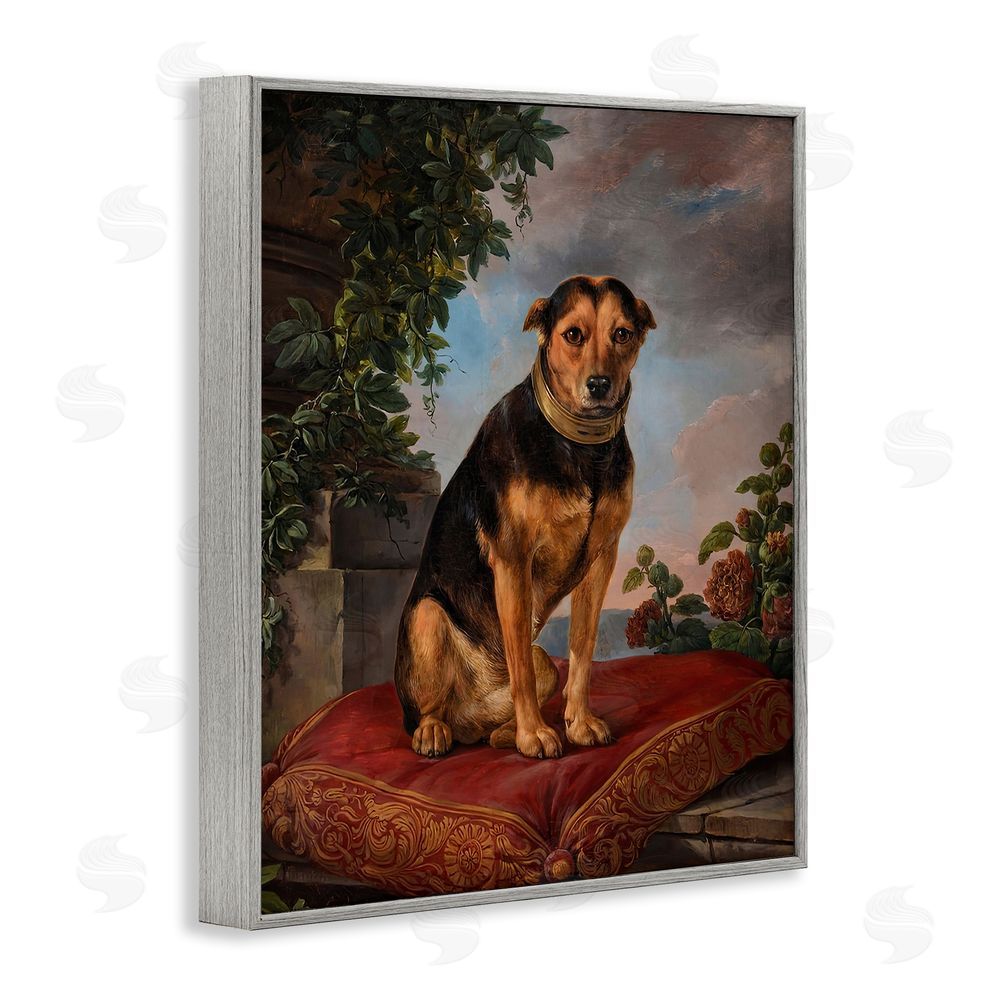 Lil' Rue Historical Dog on Cushion Gray Framed Giclee Wall Art Print