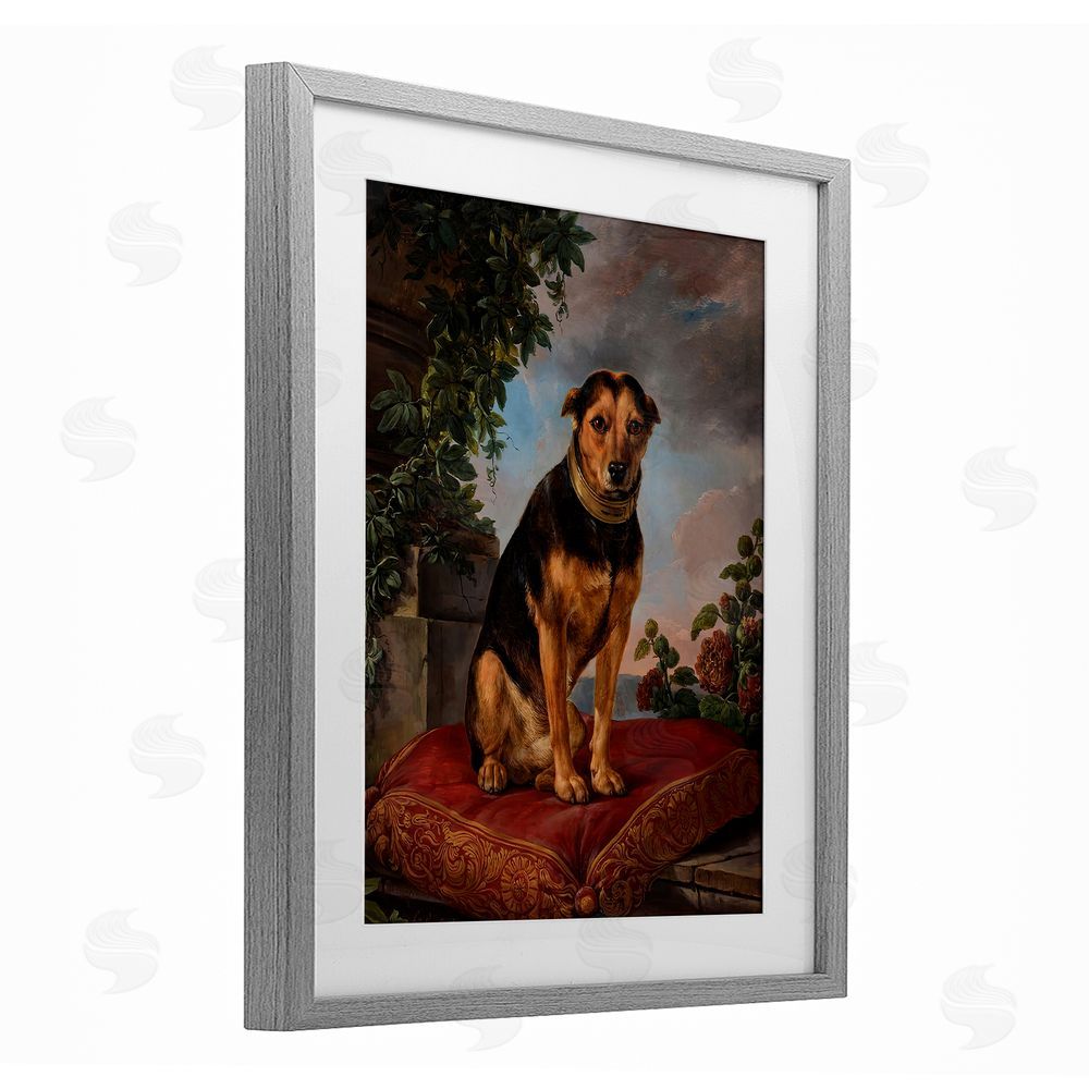 Lil' Rue Historical Dog on Cushion Gray Framed Print Under Glass Wall Art