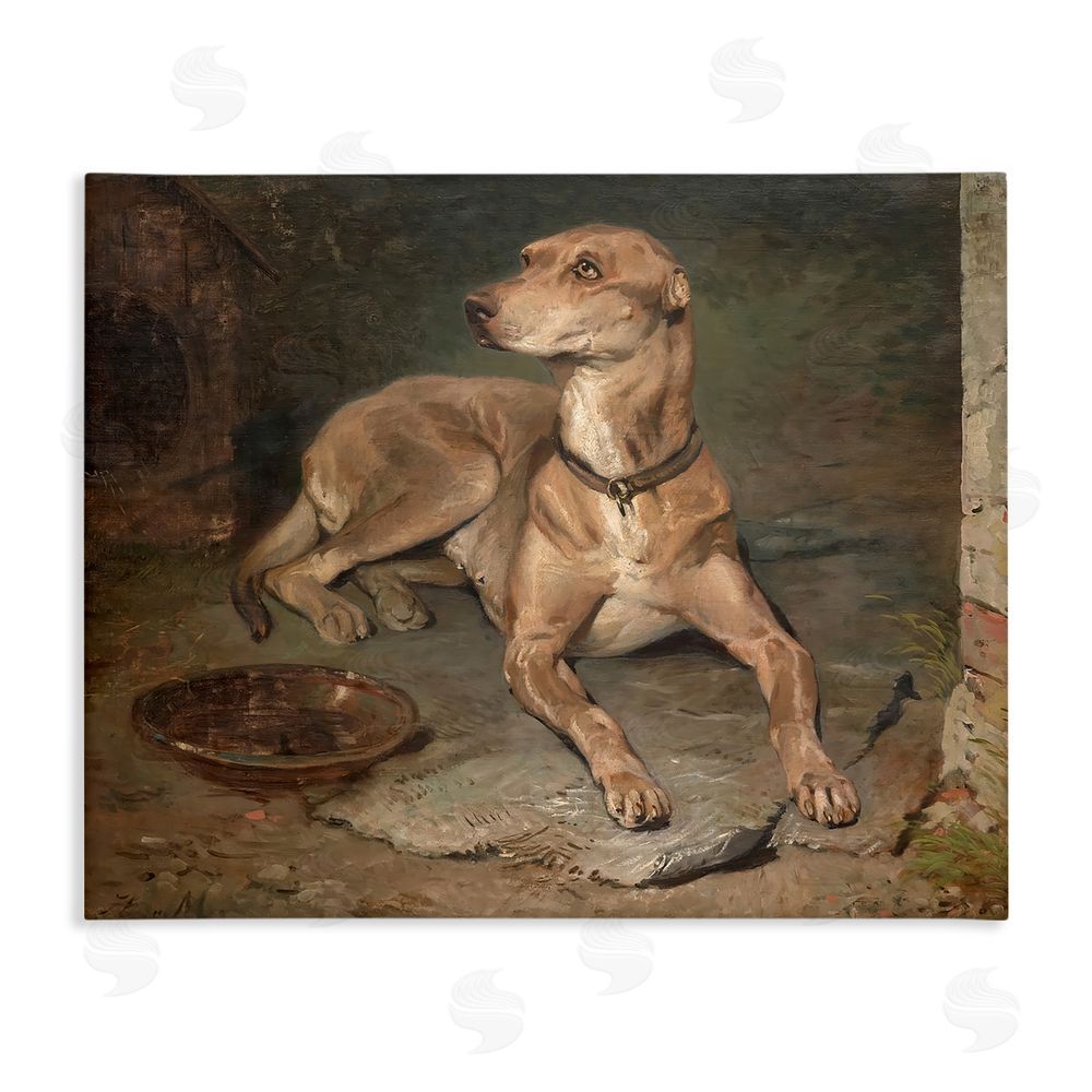 Lil' Rue Historical Dog & Bowl Stretched Canvas Wall Art Print