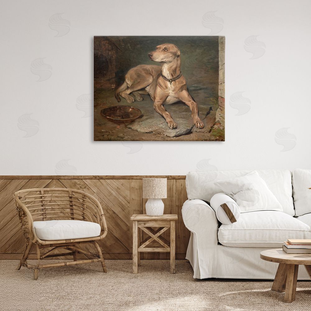 Lil' Rue Historical Dog & Bowl Stretched Canvas Wall Art in Room