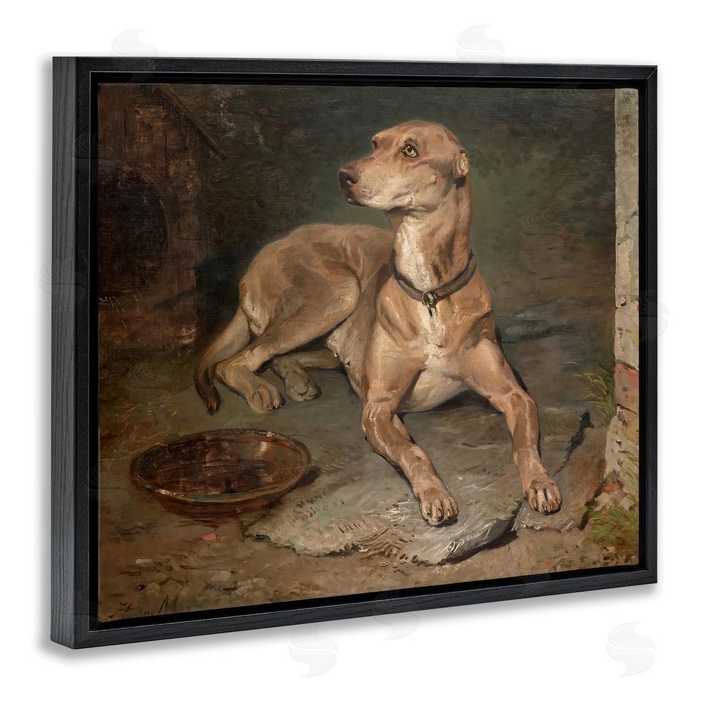 Lil' Rue Historical Dog & Bowl Black Floating Frame Canvas Wall Art Print