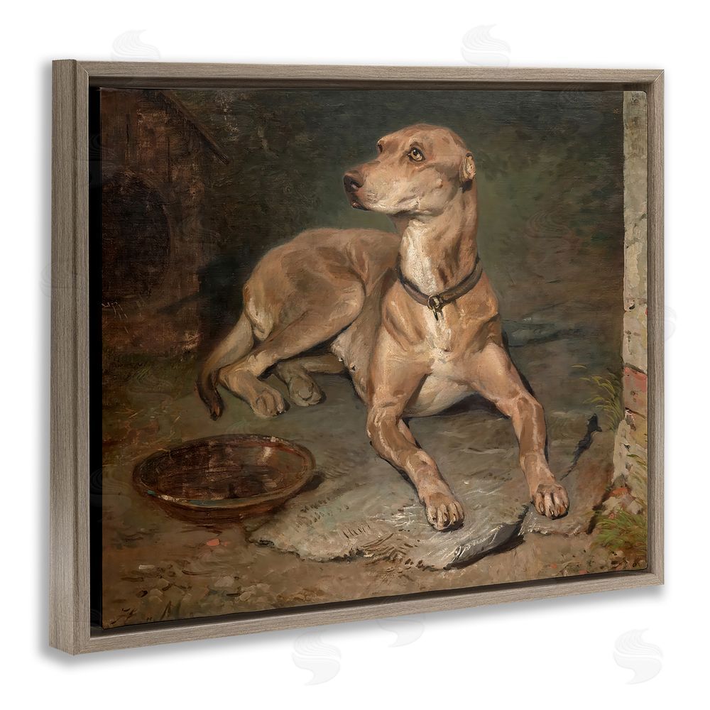Lil' Rue Historical Dog & Bowl Brown Floating Frame Canvas Wall Art Print