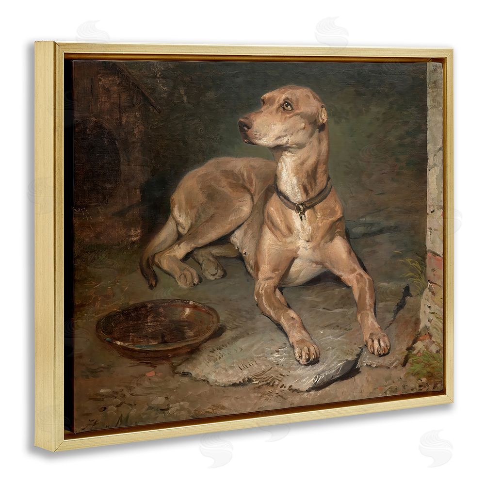 Lil' Rue Historical Dog & Bowl Gold Floating Frame Canvas Wall Art Print